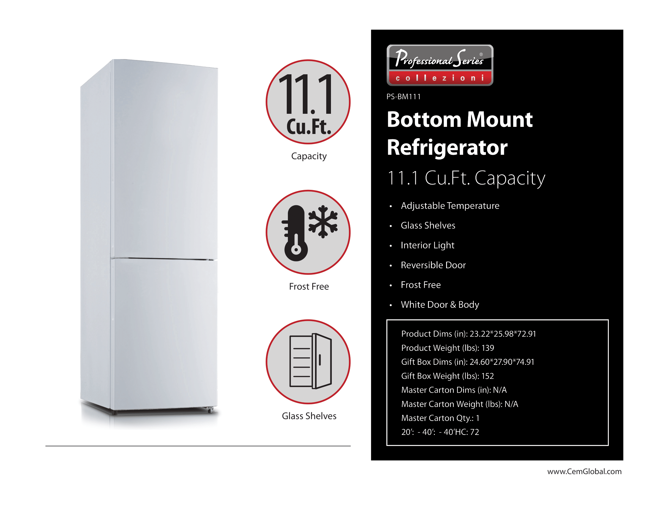Bottom Mount Refrigerator 11.1 Cu.Ft.